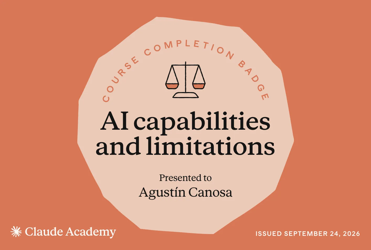 Insignia de finalización de curso de Claude Academy: AI capabilities and limitations, a nombre de Agustín Canosa, emitida el 24 de septiembre de 2026