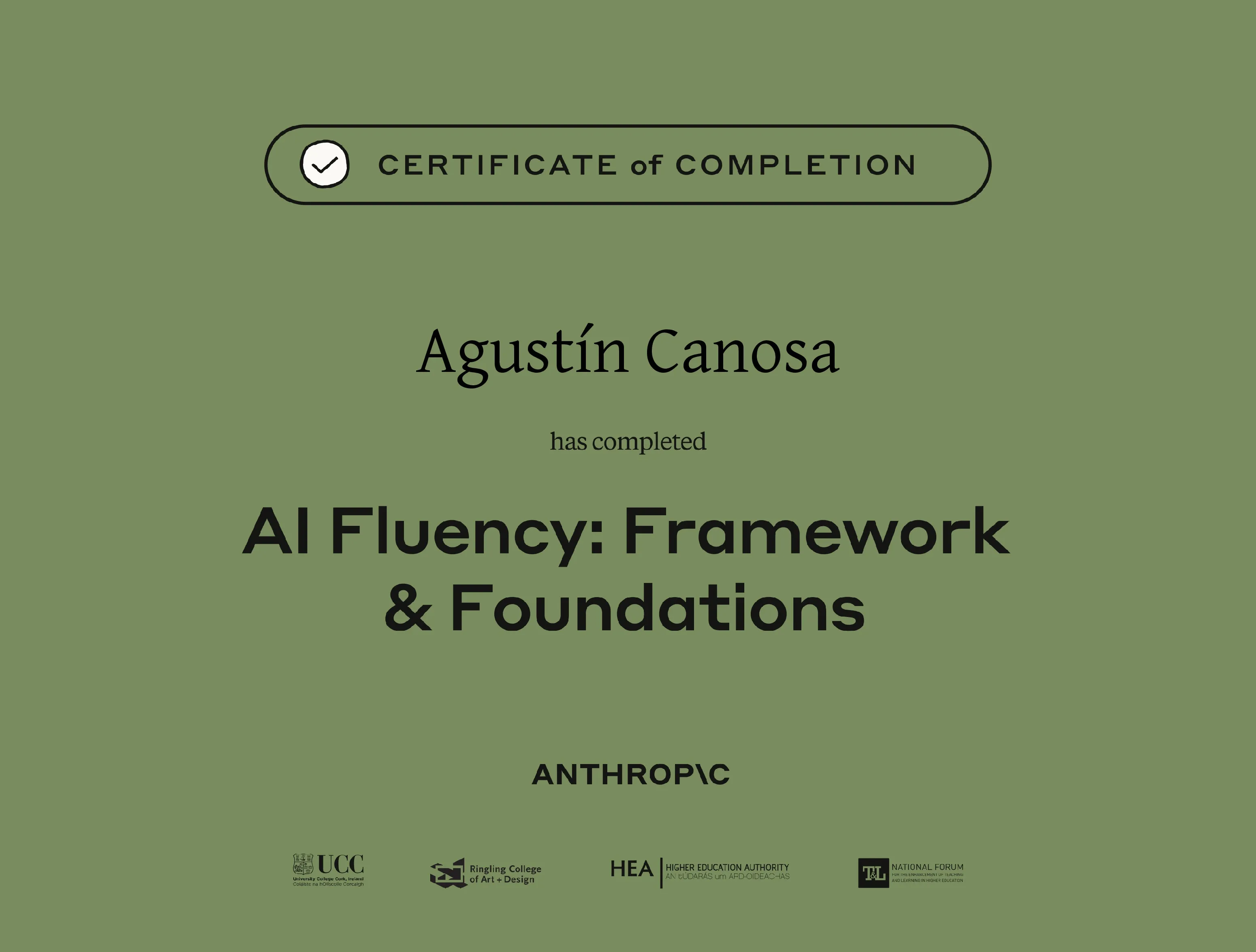 Certificado de finalización de Anthropic: AI Fluency: Framework & Foundations, a nombre de Agustín Canosa