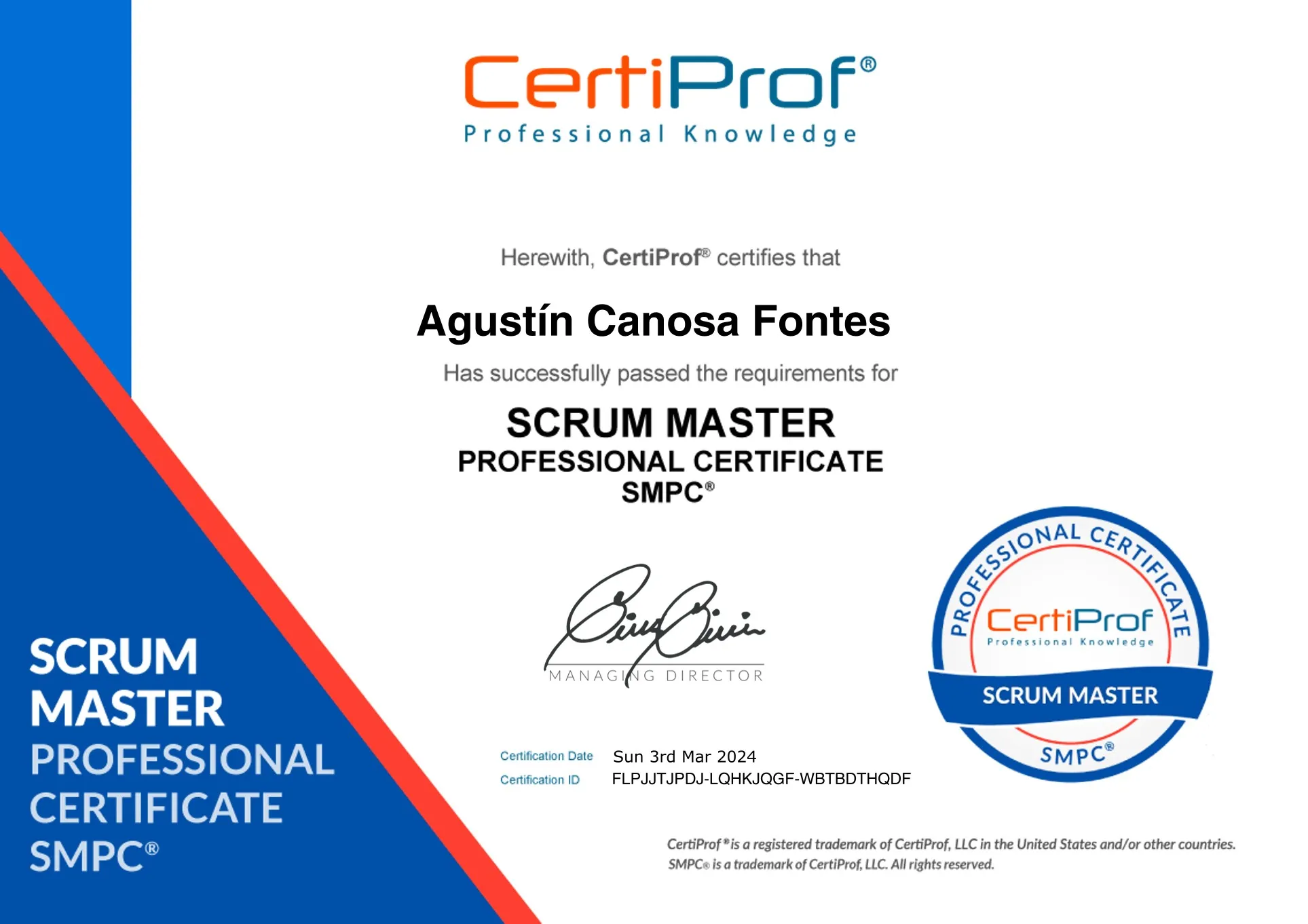 Certificado de CertiProf: Scrum Master Professional Certificate (SMPC®), 3 de marzo de 2024