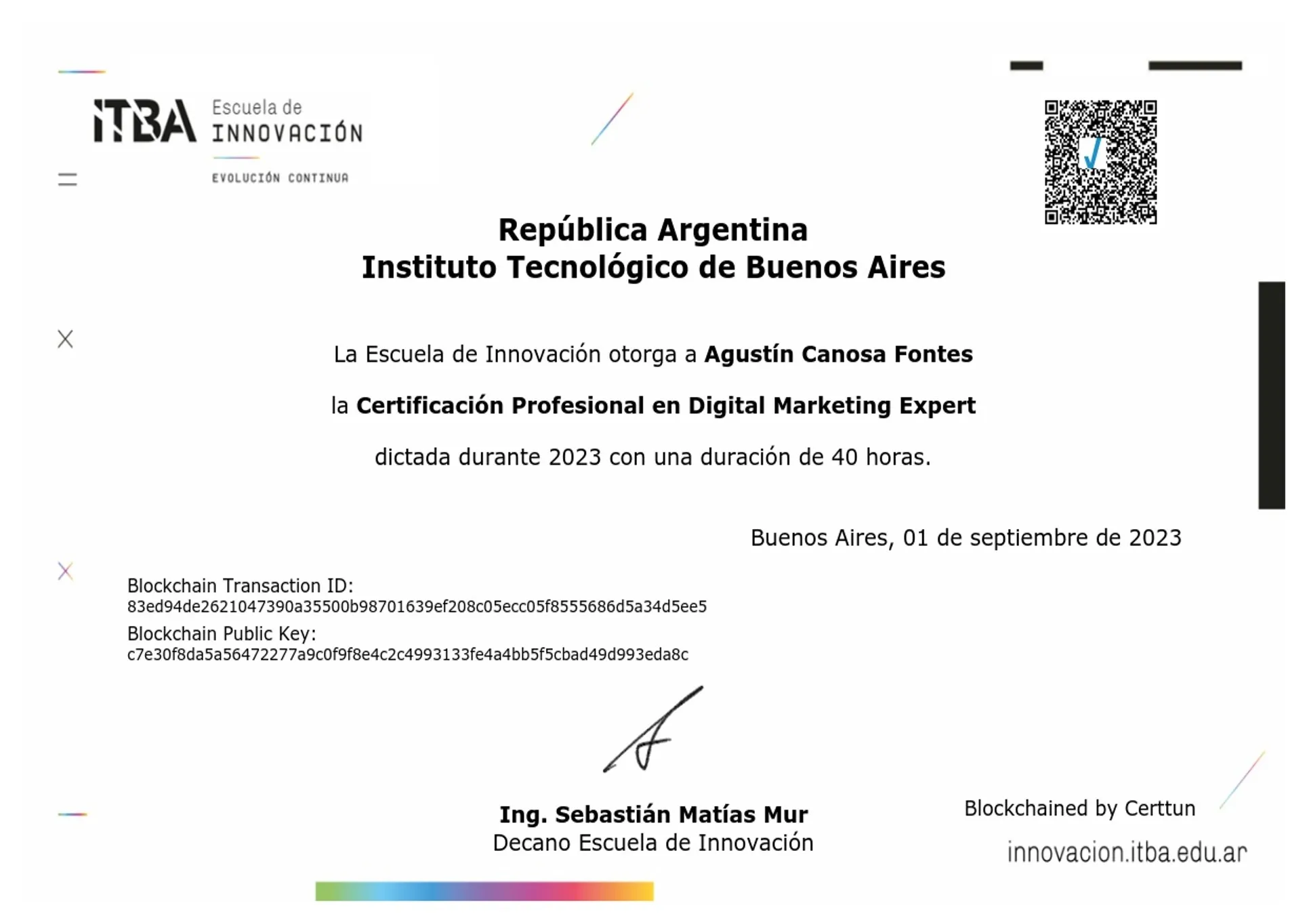 Certificado del ITBA, Escuela de Innovación: Certificación Profesional en Digital Marketing Expert, 40 horas, 1 de septiembre de 2023